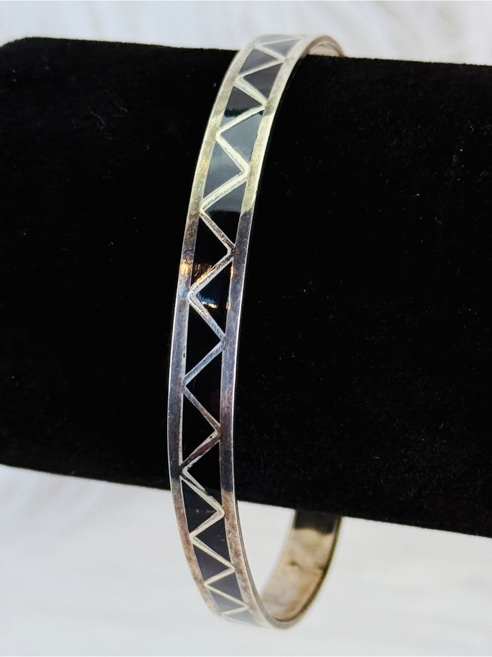 Vintage aged Silvertone and Black Geometric Bangle Bracelet